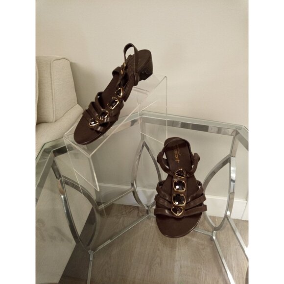Strictly Comfort Brown/Gold Low Wedge Heeled Sandals Size 6.5 - Picture 1 of 10